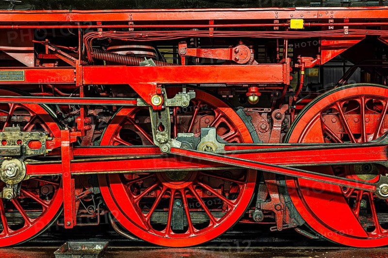Wheelwork of a historic steam locomotive owned by the Free State of Bavaria, Eisenbahnmuseum, Augsburg railway park, administrative district of Swabia, Bavaria, Germany