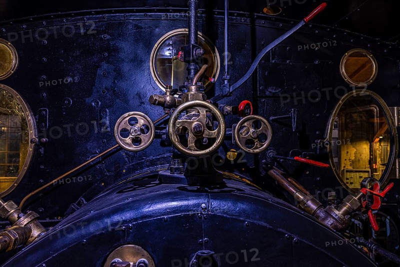 Levers and actuators in the tank car of a historic steam locomotive, Eisenbahnmuseum, Augsburg railway park, administrative district of Swabia, Bavaria, Germany
