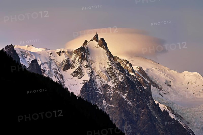 Aiguille du Midi with cloud above the summit, Mont-Blanc, Chamonix-Mont-Blanc, Haute-Savoie, France