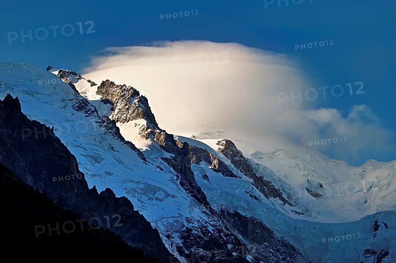 Glaciers in the evening light, in the Mont-Blanc clouds, Chamonix-Mont-Blanc, Haute-Savoie, France