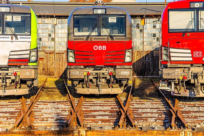 Modern locomotives of the Austrian Federal Railways, Ã–BB, and Deutsche Bahn, DB, parked in front of the old lock shed, Augsburg railway park, administrative district of Swabia, Bavaria, Germany
