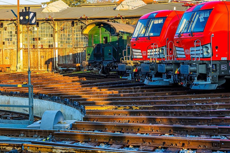 Modern locomotives of the Austrian Federal Railways, Ã–BB, and Deutsche Bahn, DB, historic railroad car, parked in front of the old lock shed, Augsburg railway park, administrative district of Swabia, Bavaria, Germany