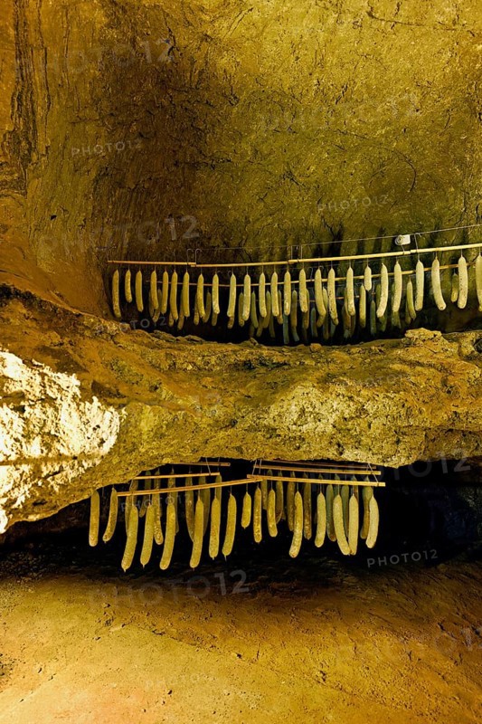 Salami hanged in a tunnel in a salt mine, salt mine, Bex, Canton of Vaud, Switzerland