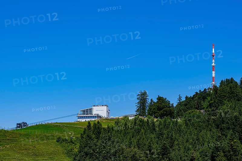 Picturesque alpine meadow landscape on the PfÃ¤nder with a view of the PfÃ¤nderbahn mountain station and the PfÃ¤nderspitze, Lochau, Bregenz, Vorarlberg, Austria