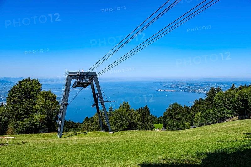 View from PfÃ¤nder of the PfÃ¤nder Railway and Lake Constance, Lochau, Bregenz, Vorarlberg, Austria
