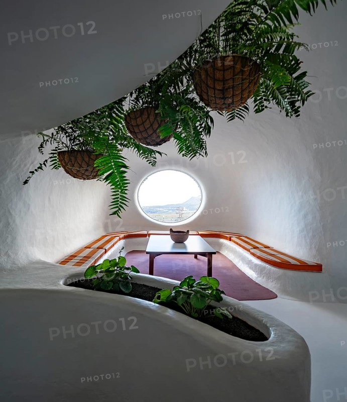 Sitting area, interior at the Mirador del RÃ­o viewpoint, designed by artist César Manrique, Lanzarote, Canary Islands, Spain