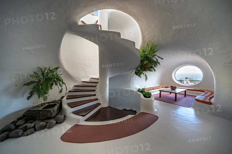 Staircase and sitting area, interior at the Mirador del RÃ­o viewpoint, designed by artist César Manrique, Lanzarote, Canary Islands, Spain