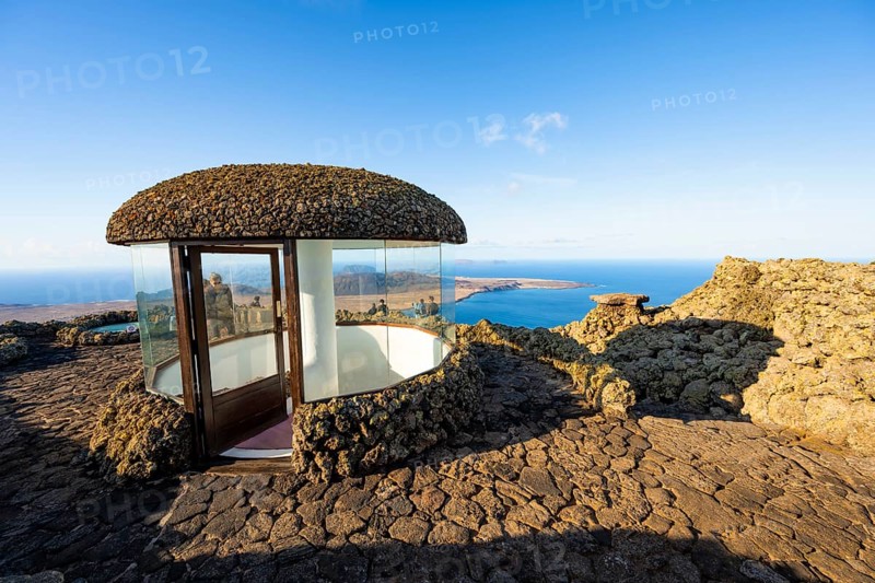Staircase and viewing platform at the Mirador del RÃ­o viewpoint, in the evening light, designed by artist César Manrique, Lanzarote, Canary Islands, Spain