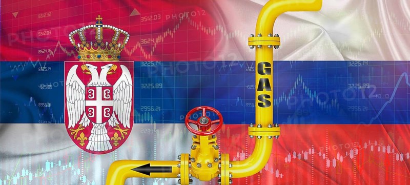 Gas pipeline with Russian and Serbian flag. Production and export of Russian gas to Serbia