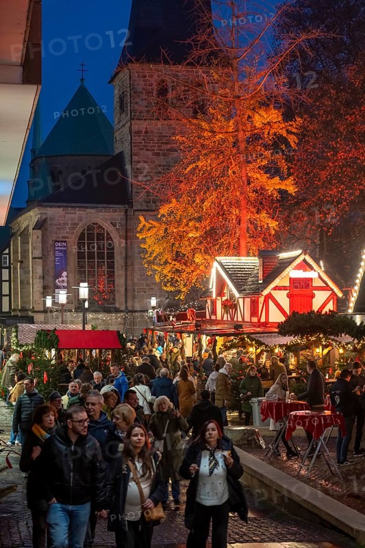 Christmas market in Essen, gastronomy, fire forest, at Essen Cathedral, Kettwiger StraÃŸe shopping street, pedestrian zone, full, lots of people shopping, Christmas lights, Christmas market stalls, Essen Light Weeks, Essen, North Rhine-Westphalia, Germany