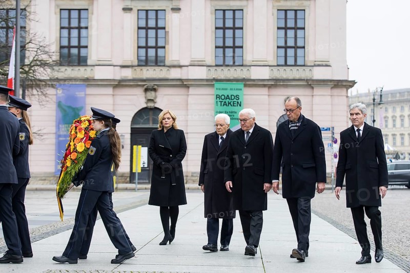Julia Klöckner (President of the German Bundestag), H.E. Sergio Mattarella (Italian President), Frank-Walter Steinmeier (Federal President), Friedrich Merz (Federal Chancellor) and Prof. Dr. Stephan Harbarth (President of the Federal Constitutional Court) on their way to the Neue Wache in front of laying a wreath on Memorial Day in the Central Memorial of the Federal Republic of Germany for the victims of war and violence. Berlin, 16.11.2025