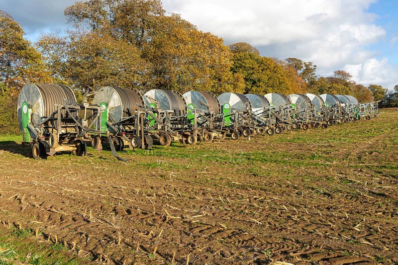Rainstar E31 irrigation sprayer machinery in field, Shottisham, Suffolk, England, UK