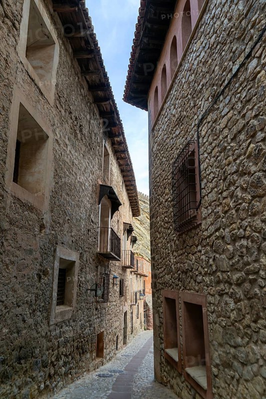 Historic buildings in medieval village of AlbarracÃ­n, Teruel province, Aragon, Spain