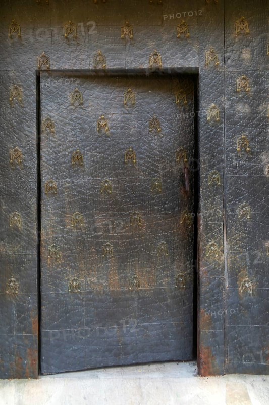 Ancient wooden door entrance to former convent, Hotel Arabia, AlbarracÃ­n, Teruel province, Aragon, Spain