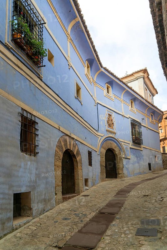 Casa de los Navarro de Arzuriaga, the Blue House, historic buildings in medieval village of AlbarracÃ­n, Teruel province, Aragon, Spain