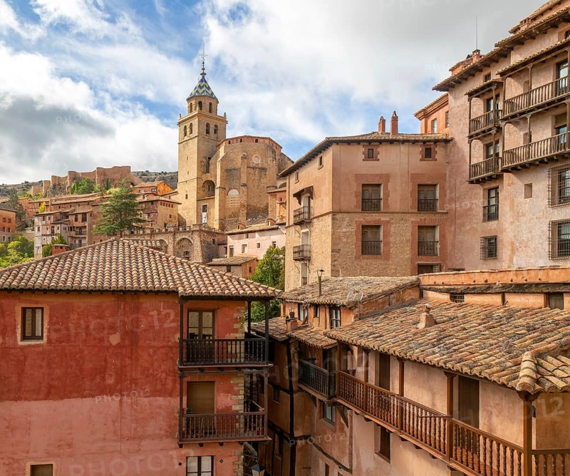 Historic buildings in medieval village of AlbarracÃ­n, Teruel province, Aragon, Spain view to cathedral church of San Salvador