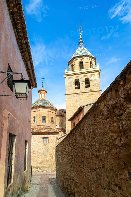 Cathedral church of San Salvador, historic buildings in medieval village of AlbarracÃ­n, Teruel province, Aragon, Spain