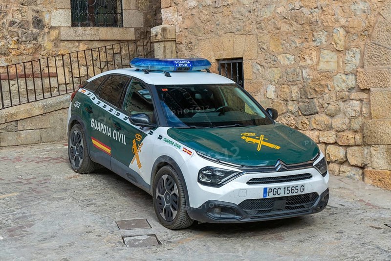 Guardia Civil, Civil Guard, CitroÃ«n C4 car medieval village of AlbarracÃ­n, Teruel province, Aragon, Spain