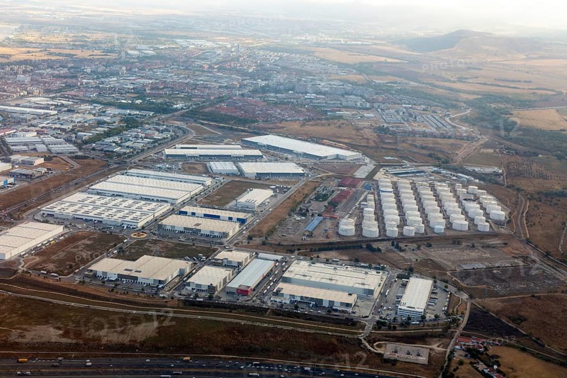 Oblique angle aerial view Las Monjas Industrial Park, PolÃ­gono Industrial Las Monjas, TorrejÃ³n de Ardoz, Madrid, Spain