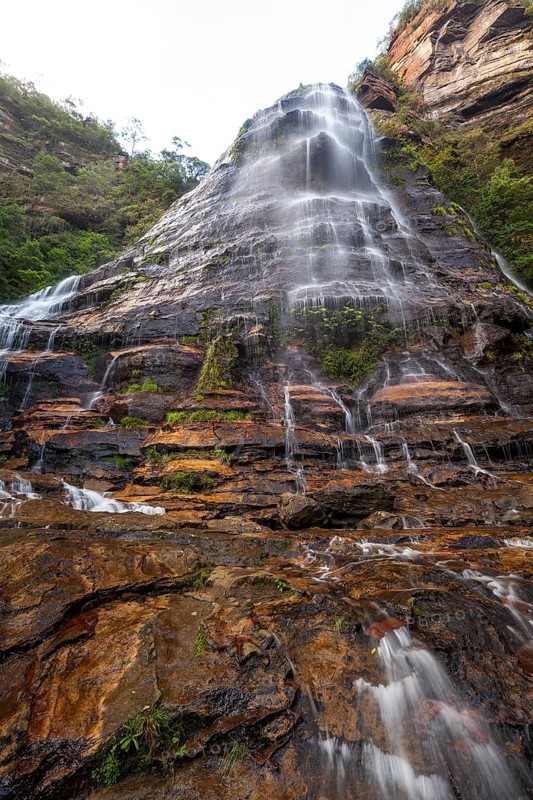 Leura Falls in a lush valley full of ferns and vegetation, Blue Mountains, New South Wales, Australia