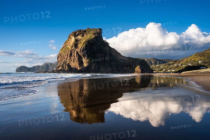 Landscape in New Zealand with sea and sandy beach. Piha Beach and Lion Rock. People on the beach, surfers in the water. Piha, Waitakere Ranges, West Auckland, New Zealand