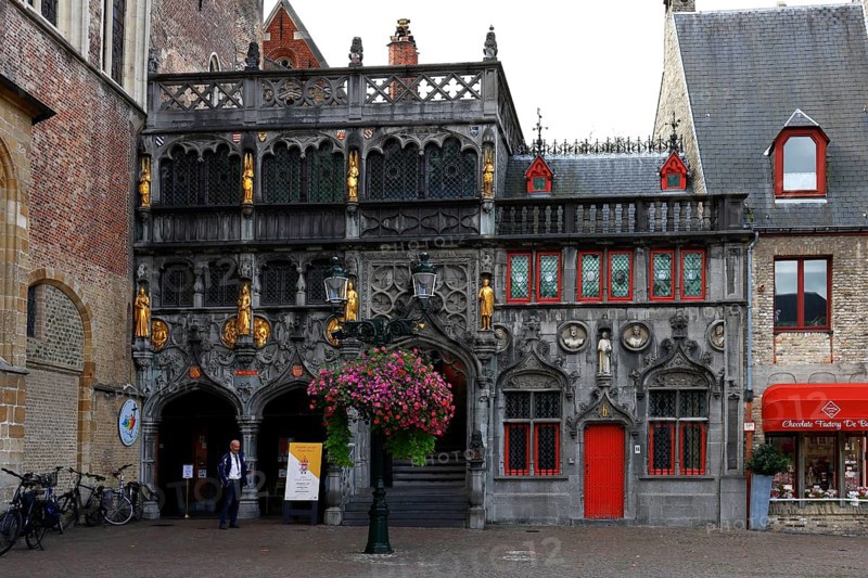 Richly decorated faÃ§ade and entrance portal to St. Ivo Chapel at the Basilica of the Holy Blood, Castle Square in the historic old town, Bruges, UNESCO World Heritage Site, Flanders, Belgium