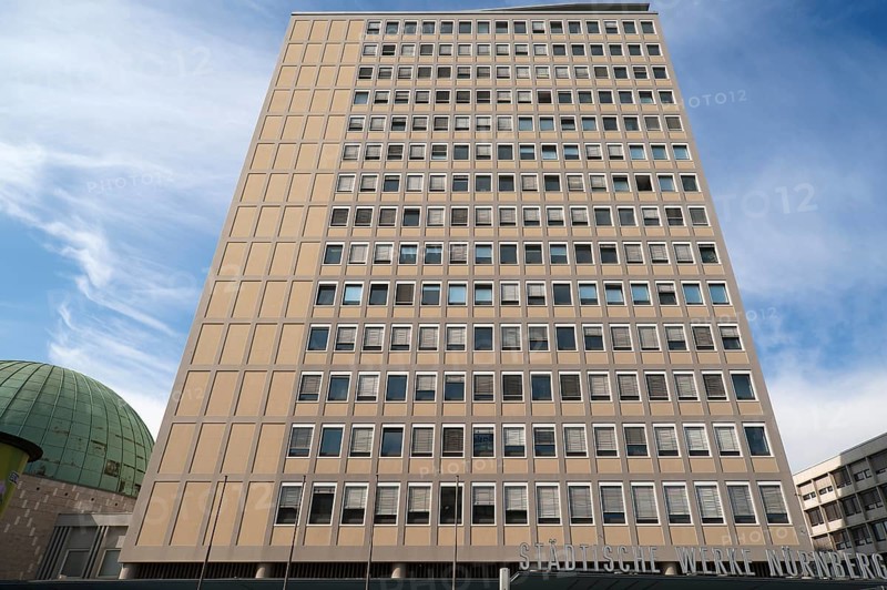 Facade of the heritage-protected PlÃ¤rrer skyscraper from the 1950s, today EWAG skyscraper, Nuremberg, Middle Franconia, Bavaria, Germany