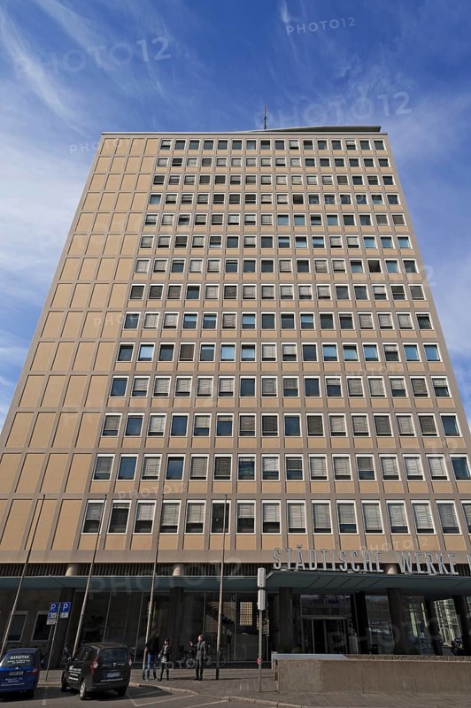 Facade of the heritage-protected PlÃ¤rrer skyscraper from the 1950s, today EWAG skyscraper, Nuremberg, Middle Franconia, Bavaria, Germany