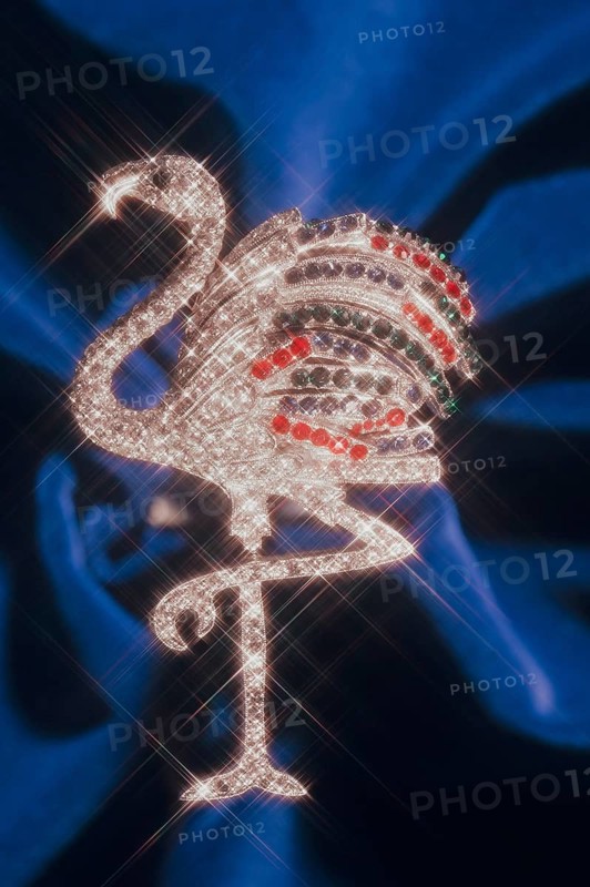 Pelican as rhinestone decoration with blur shot on blue velvet, Bavaria, Germany