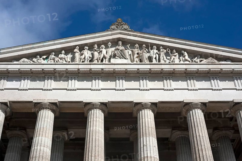 Tympanum sitting on it with sculptures, front of the Valhalla Memorial, honoring important personalities since 1842, Danube run, Upper Palatinate, Bavaria, Germany