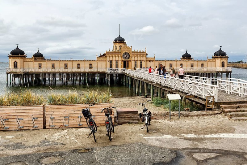 Kallbadhuset Varberg, cold bath house and sauna on the beach, Moorish style, visitors on wooden bridge, Varberg, Halland, Kattegat, Sweden