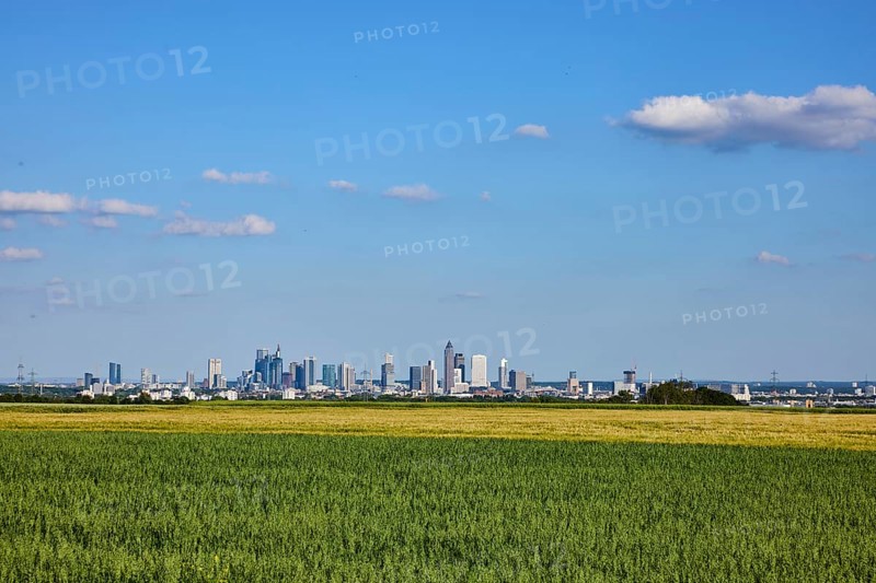 Cultural landscape, fields, agriculture, total views, skyline, view of Frankfurt am Main, haze, blue sky, cumulus clouds, Steinbach, Taunus, Hochtaunus district, Hesse, Germany