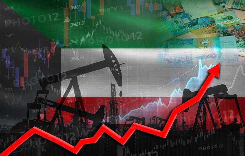 Oil production with Kuwaiti flag, petrol industry. Oil pumps with Kuwaiti flag