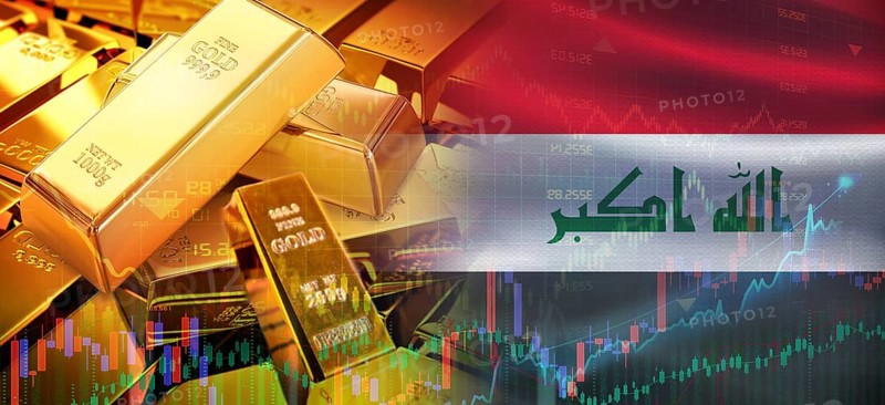 Gold bars stacked on Iraqi flag. Iraq gold reserves, Concept