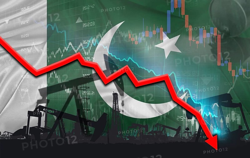 Crude crisis with Pakistani flag on financial graph. Fall oil price with flag of Pakistan on economic chart