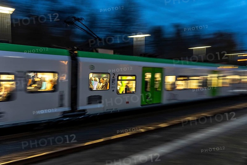 S-Bahn train on the way, at Essen-Steele tram station, North Rhine-Westphalia, Germany