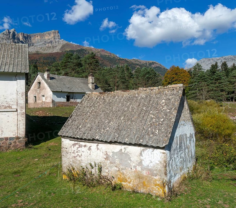 Farm buildings for livestock, Selva de Oza, Valle de Hecho, Pyrenees Mountains, Huesca province, Aragon, Spain