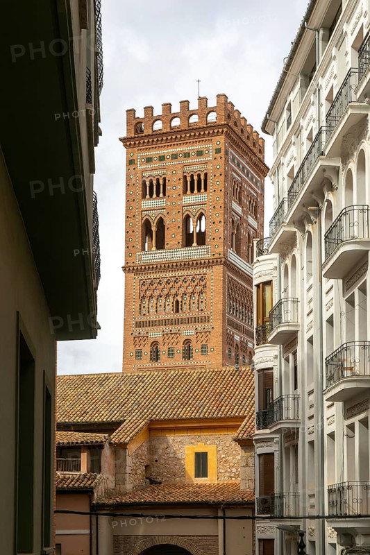 Mudéjar architecture of Torre de El Salvador church tower, city of Teruel, Aragon, Spain