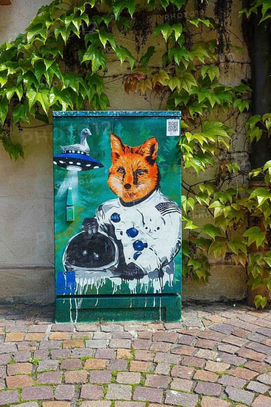 Art is energy, painted electricity box, art in public space, the Friendly Balingen project, art on Balingen electricity boxes, distribution box, fox, goose, UFO, spacesuit, astronaut suit, painting, colourful, art by all for all, social project, street art, Balingen, Zollernalbkreis, Baden-Württemberg, Germany