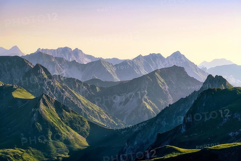 View from Mount Gantrisch, sunset over the Bernese and Fribourg Pre-Alps, Canton of Bern, Switzerland