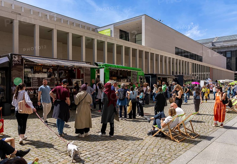 Fast food stalls in the courtyard of the James Simon Gallery, Berlin, Germany