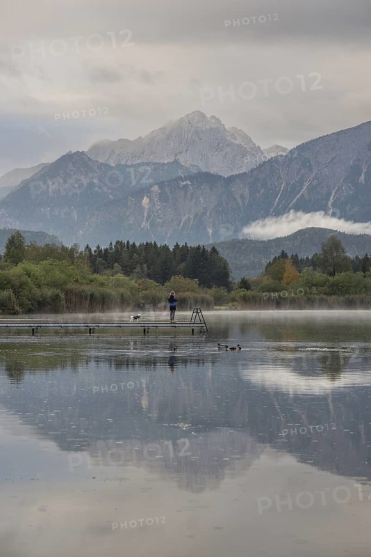 Woman (40-50) with dog on a wooden footbridge at sunrise, Hopfensee, near Füssen, Ostallgäu, behind the Tannheimer mountains, Allgäu, Bavaria, Germany