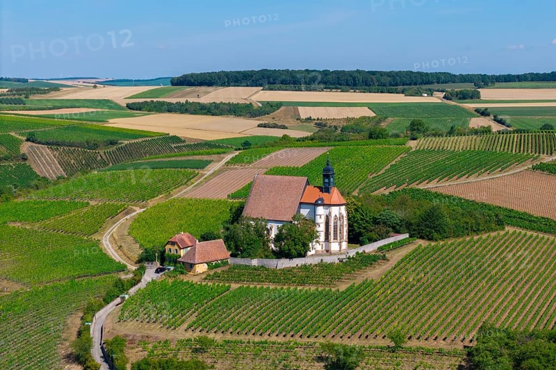 Pilgrimage church Maria im Weingarten, surrounded by vineyards in a hilly landscape, aerial view, near Volkach am Main, Lower Franconia, Mainfranken, Bavaria, Germany