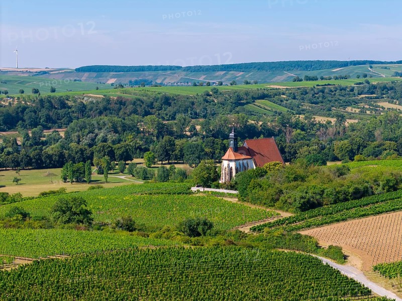 Pilgrimage church Maria im Weingarten, embedded in a green, rural landscape with blue sky, aerial view, near Volkach am Main, Lower Franconia, Mainfranken, Bavaria, Germany