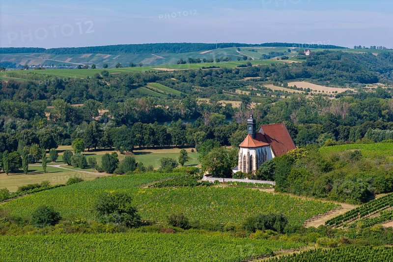 Pilgrimage church Maria im Weingarten, amidst green vineyards and rolling hills in a rural summer landscape, aerial view, near Volkach am Main, Lower Franconia, Mainfranken, Bavaria, Germany