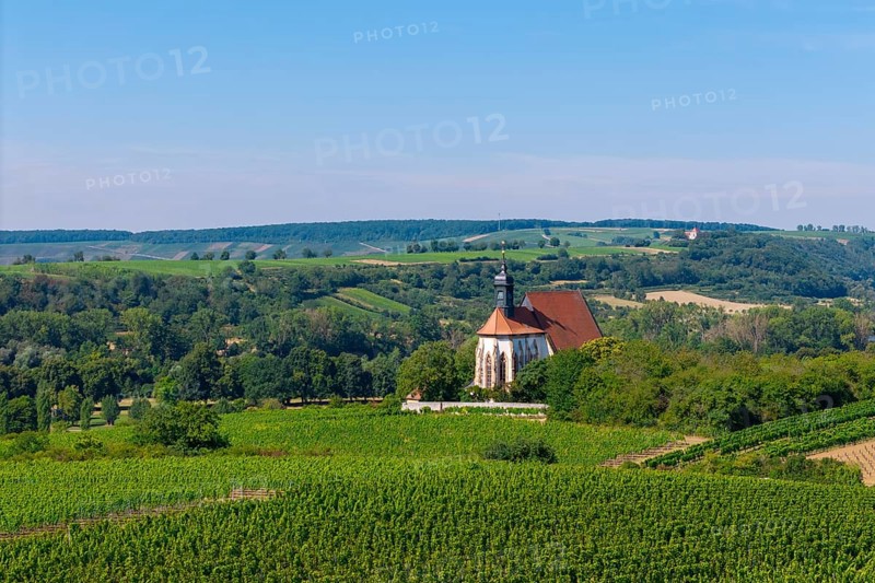 Pilgrimage church Maria im Weingarten, with vineyards in the foreground and hills in the background, aerial view, near Volkach am Main, Lower Franconia, Mainfranken, Bavaria, Germany