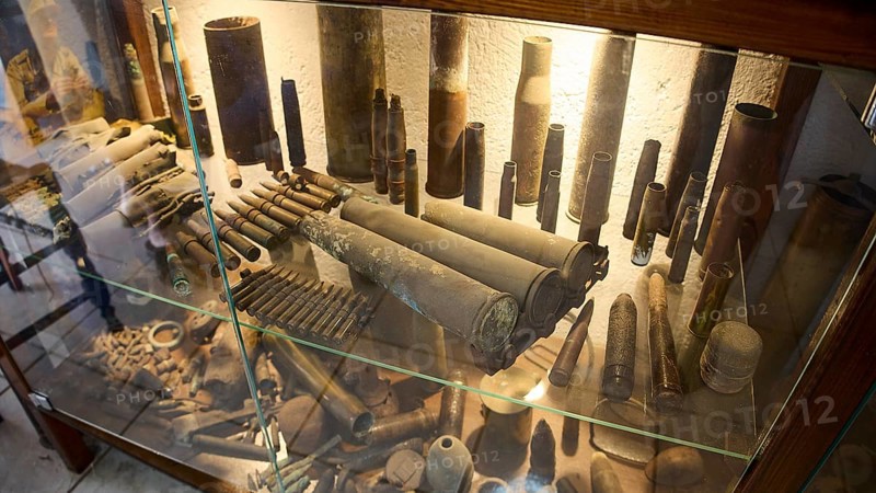 Display case with numerous antique cartridge cases and military equipment, War Museum, Military Museum, Private Military Museum, Platanos, Leros, WW2, Dodecanese, Greek Islands, Greece