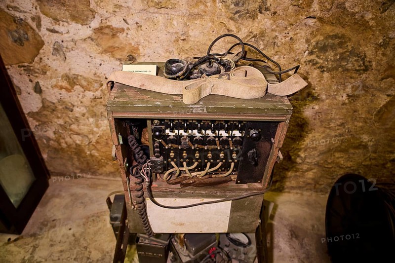 Old telephone in a wooden box with cables, in historical surroundings, war museum, military museum, tunnel museum, Lakki, Leros, WW2, Dodecanese, Greek Islands, Greece