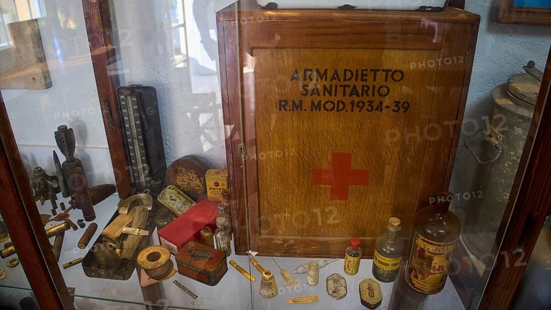 Display case with a first aid kit and medical utensils from the period 1934-39, War Museum, Military Museum, Private Military Museum, Platanos, Leros, WW2, Dodecanese, Greek Islands, Greece