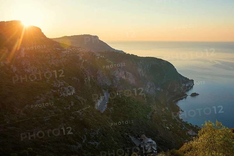 Coastal landscape, sunrise, Roquebrune, Roquebrune-Cap-Martin, near Monaco, Cote d'Azur, Alpes-Maritimes, Provence-Alpes-Cote-d'Azur, South of France, France